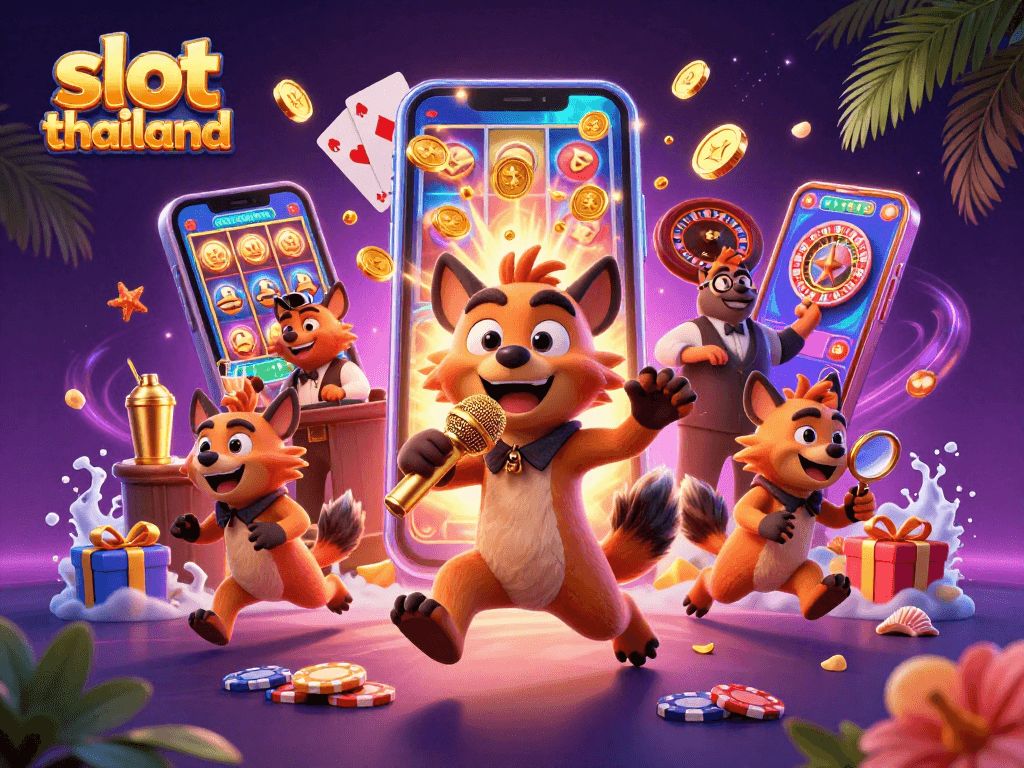 Engage with slot thailand at a vibrant comedy casino club, featuring hyena characters and dynamic gaming elements.