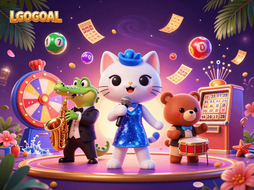Experience thrilling games at LGOGOAL with a lively casino atmosphere featuring cartoon characters.
