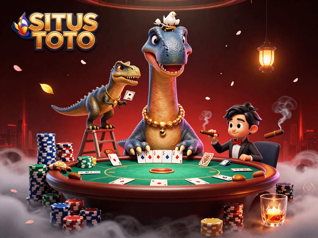 SITUS TOTO menampilkan ilustrasi kasino 3D dengan dinosaurus dan permainan poker yang seru.