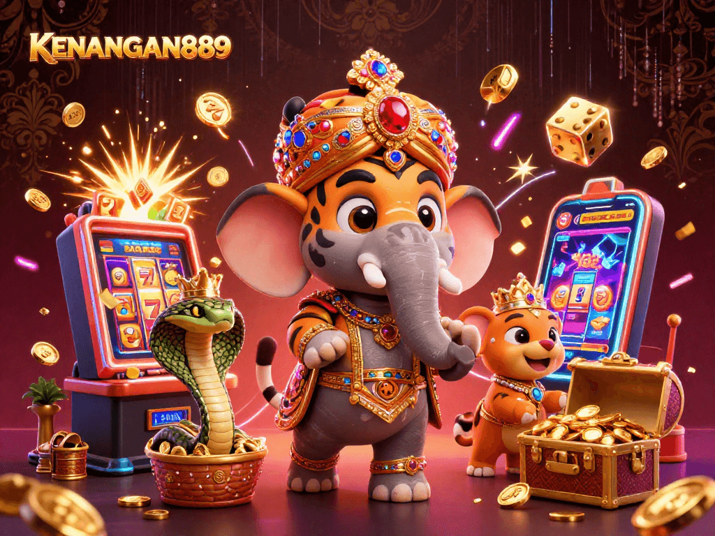 Experience KENANGAN889 with a vibrant casino scene showcasing 3D characters amidst jackpot elements.