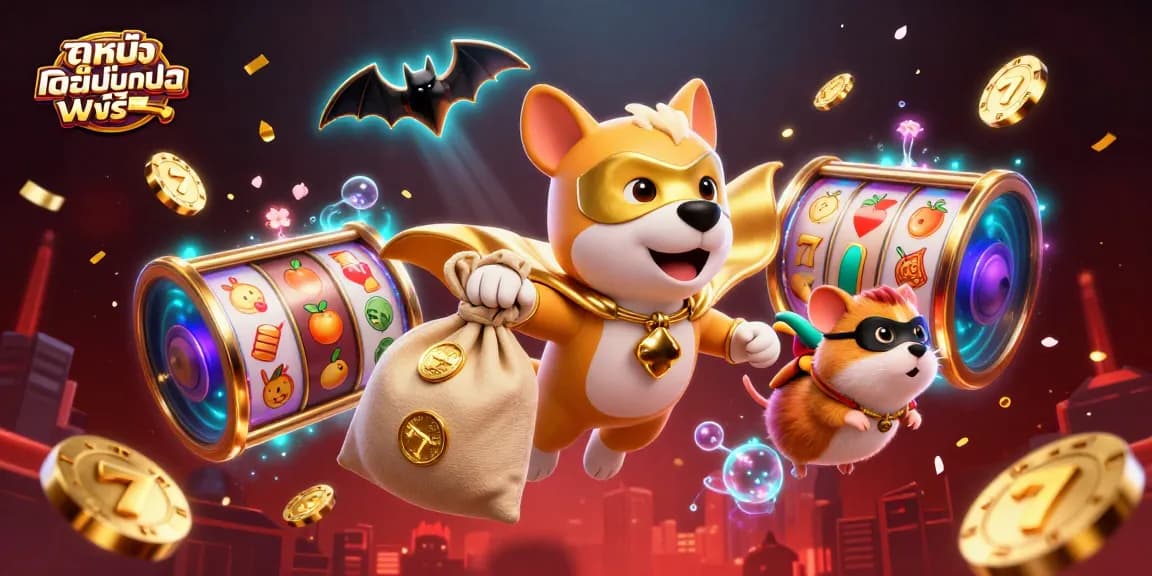 Engage with ดูหนังออนไลน์ฟรี through dynamic casino elements and 3D animated characters in this vibrant illustrated scene.
