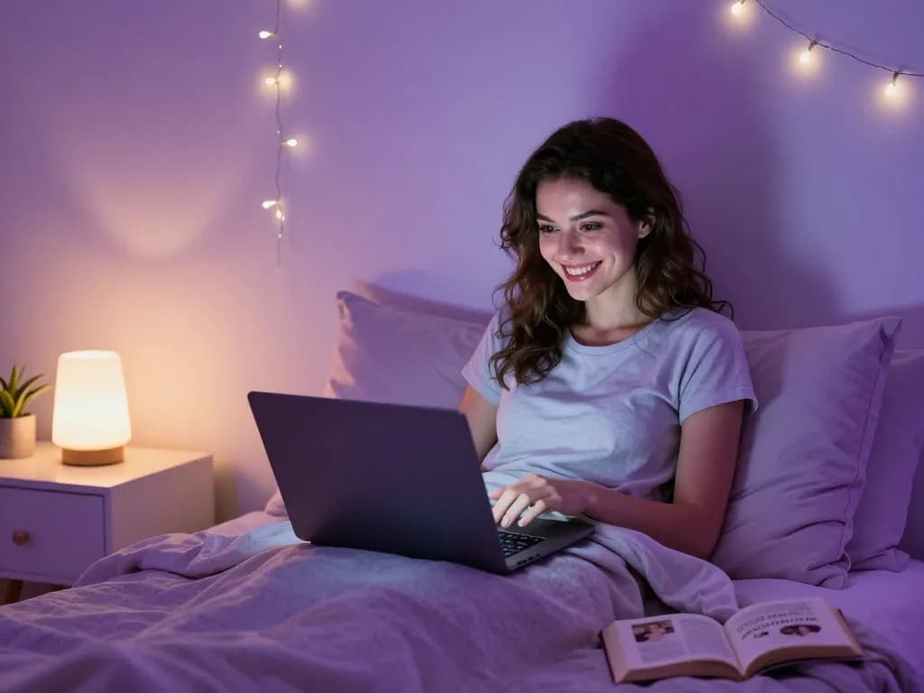 Engaging in NSFW AI chat in a cozy bedroom with warm ambiance.