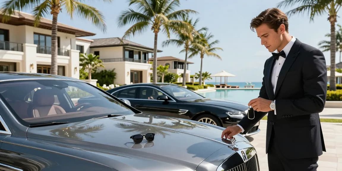 Mobil mewah LUXURY 777 di lingkungan tropis nan mewah, menampilkan kebebasan dan gaya hidup premium.