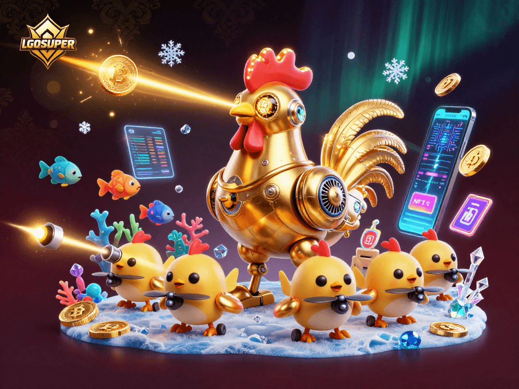 LGOSUPER features a dynamic 3D illustration of fish shooting action combined with cryptocurrency elements.
