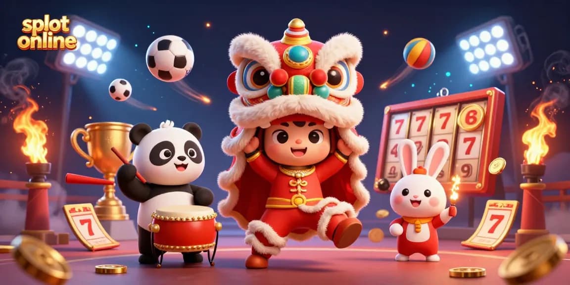 Slot online dengan tampilan berwarna cerah yang menggabungkan karakter unik dalam pertunjukan yang meriah di festival.