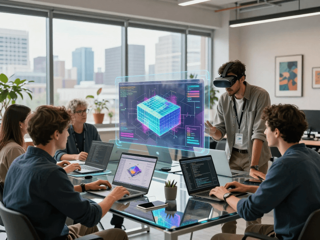 Tim profesional menggunakan martil4d untuk kolaborasi dalam proyek pemodelan 3D di ruang kerja modern.