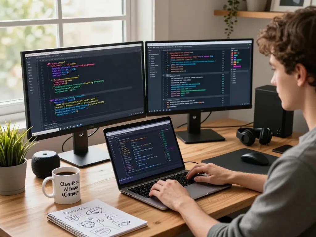 Developer using Clawdbot AI in a cozy home office, showcasing productivity tools and warm lighting.