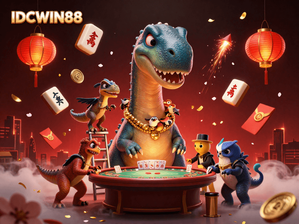 Experience excitement at IDCWIN88 with a majestic brontosaurus in a dynamic casino setting.