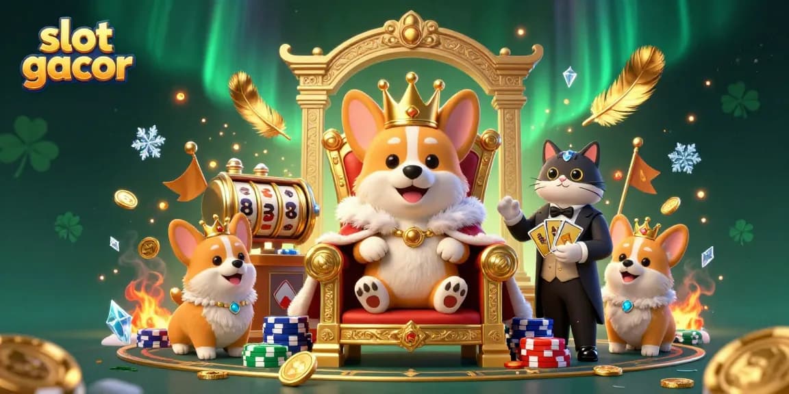 Engage with slot gacor in this vibrant illustration of a royal corgi and cat butler in a casino scene.
