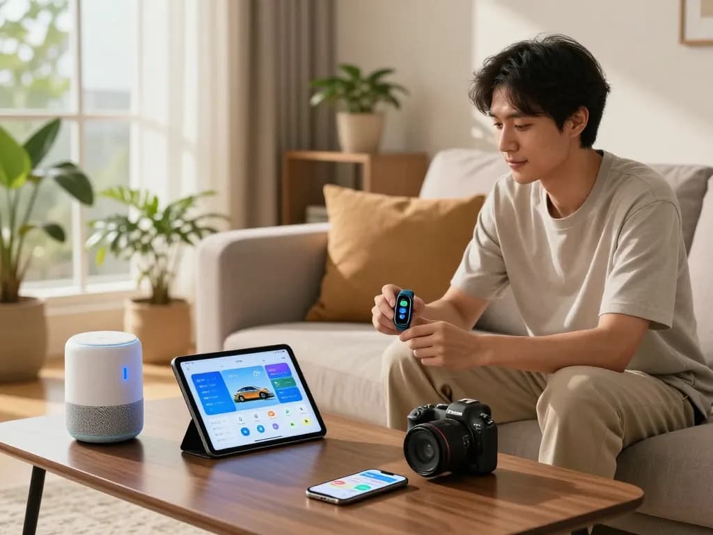 Engaging scene with smart tech gadgets, including a Bluetooth monitor and fitness tracker, in a contemporary living room.