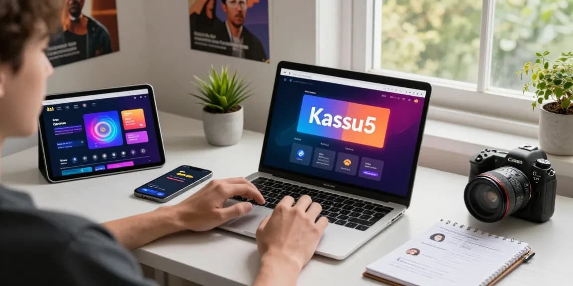 Interaksi pengguna dengan navigasi cepat Katsu5 di ruang kerja modern dengan laptop dan tablet.