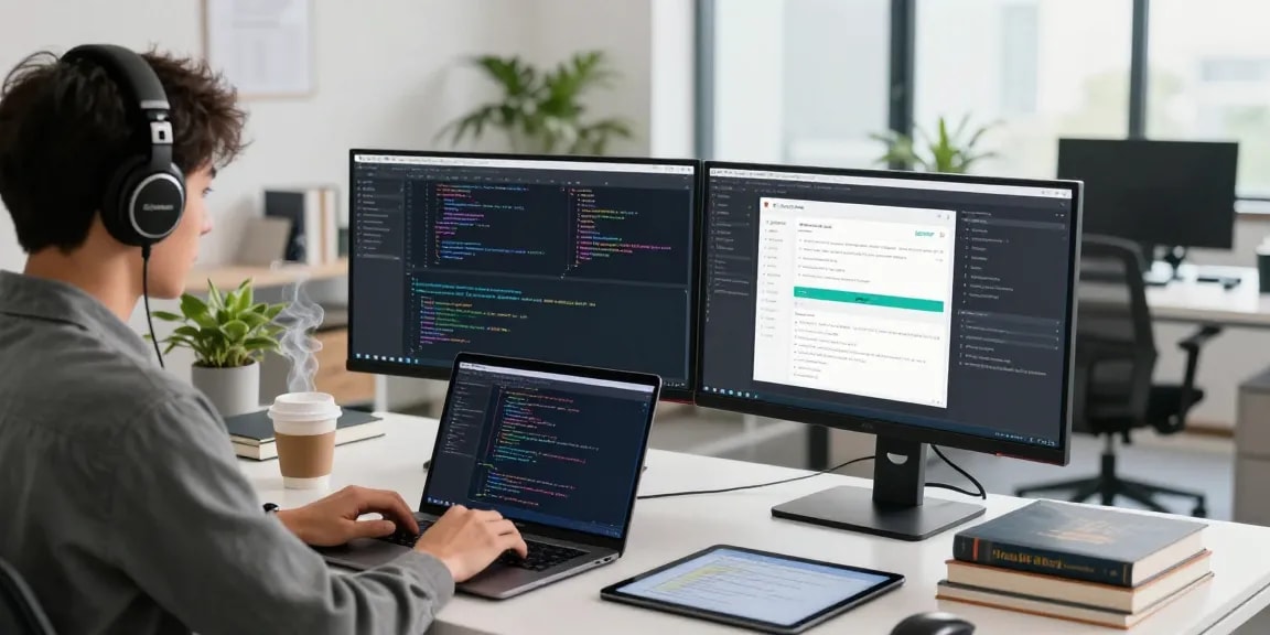 Innovative workspace with a developer coding in a proxy browser on dual monitors amidst a modern office setup.