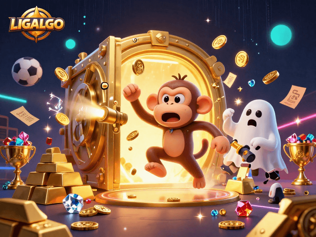 LIGALGO sports betting scene with a playful monkey juggling gold, showcasing thrilling games and action.