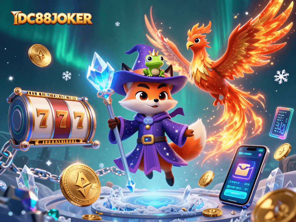 Experience the magical adventure of IDC88JOKER with a wizard fox, phoenix, and enchanting casino elements.