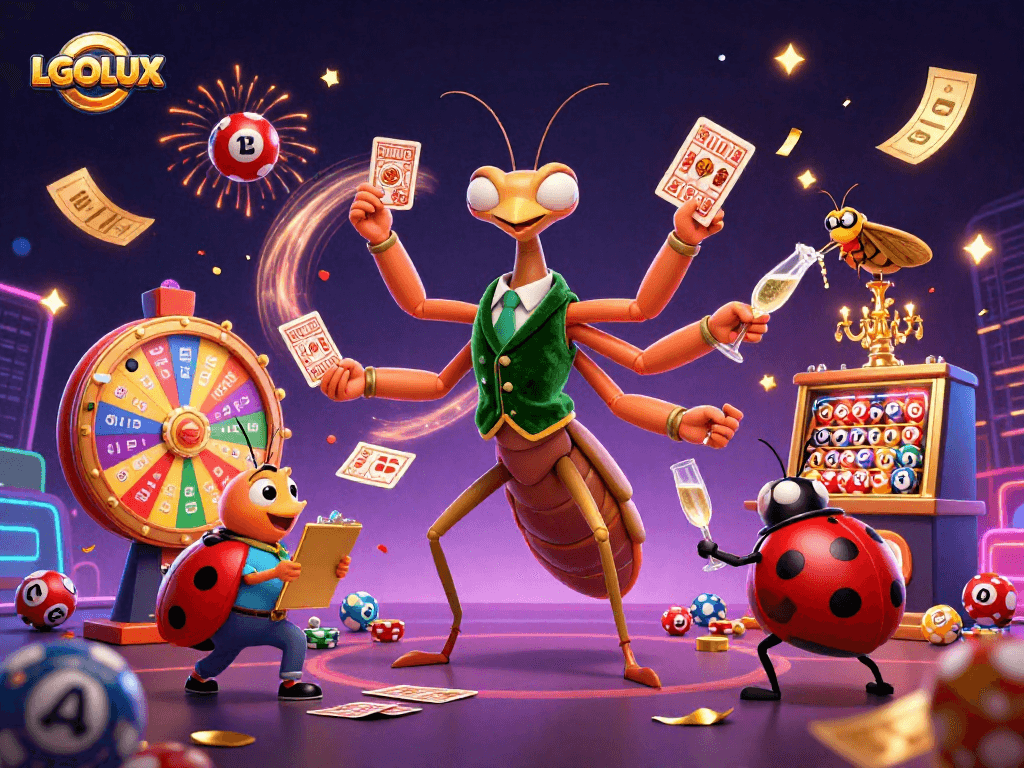 Experience the excitement at LGOLUX, where vibrant lottery elements and dynamic characters create a winning atmosphere.