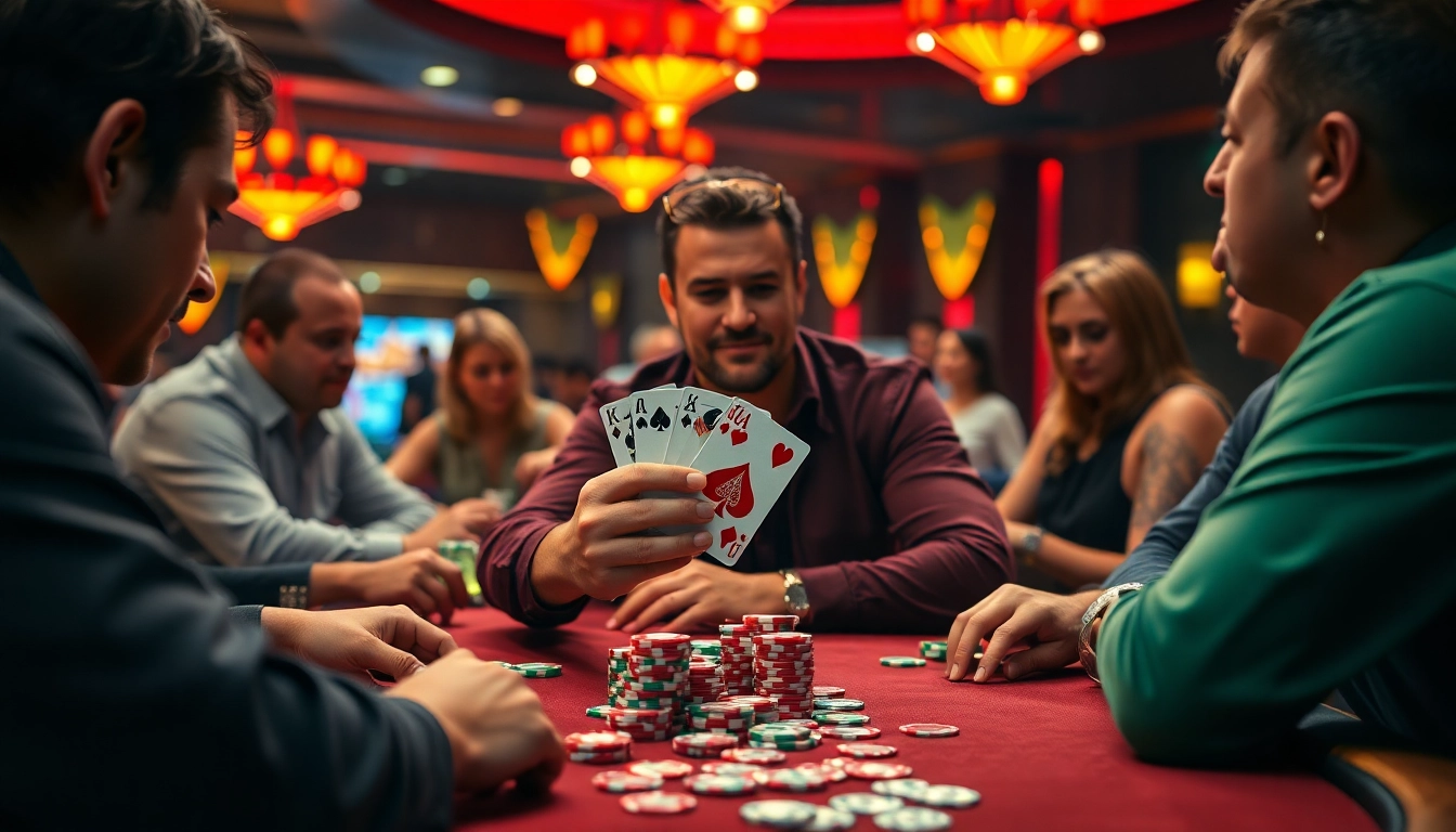 Miko69 menampilkan suasana kasino dengan pemain poker yang bersemangat.