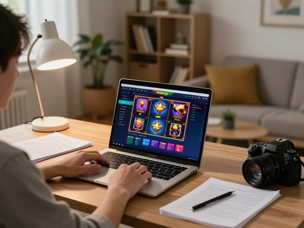 Engaging in online gaming with qqslotjp on a laptop in a cozy home office.