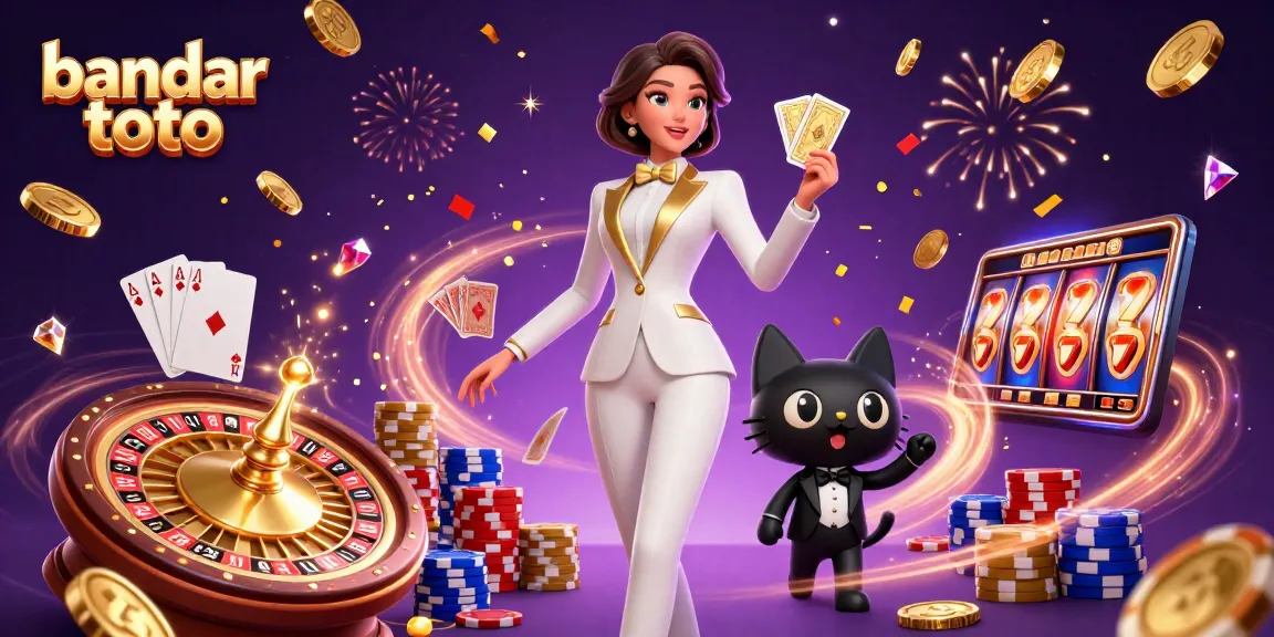 Experience the thrill of bandar toto with a stylish card dealer and a charming cat in this vibrant casino scene.