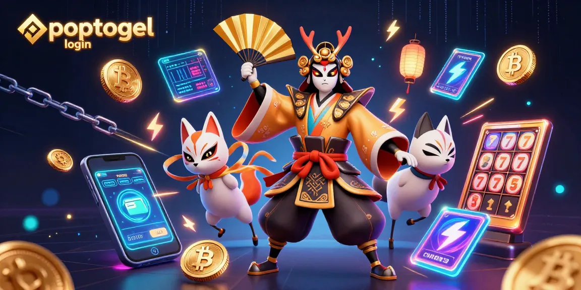 Experience a thrilling popotogel login adventure with neon coins and vibrant slot elements in this dynamic illustration.