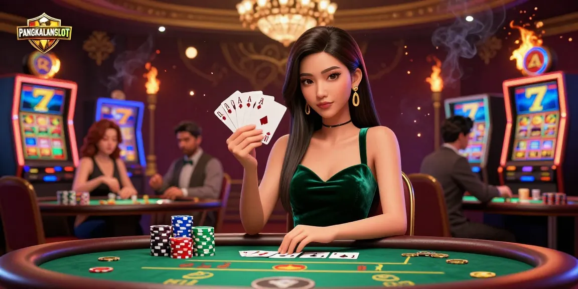 PANGKALANSLOT showcases a strategic poker scene with a beautiful Asian woman at a luxury table, chips and glowing elements enhancing the gaming vibe.