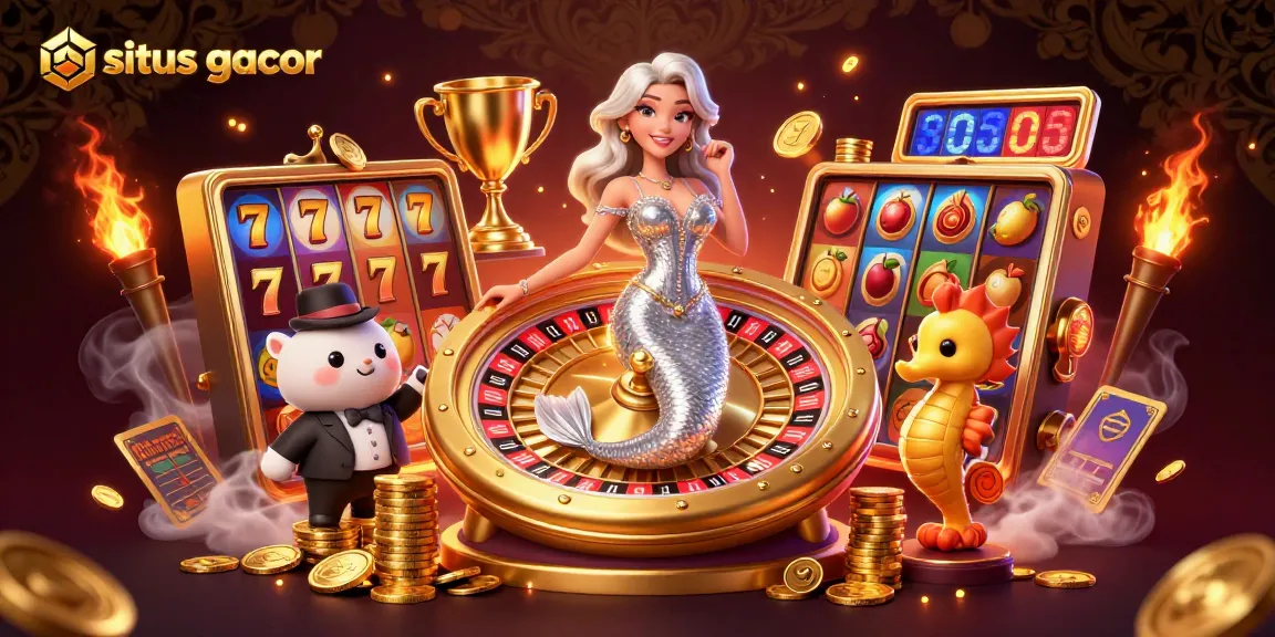 Engage with situs gacor through a vibrant 3D casino scene with a glamorous woman and a seahorse by a roulette wheel.