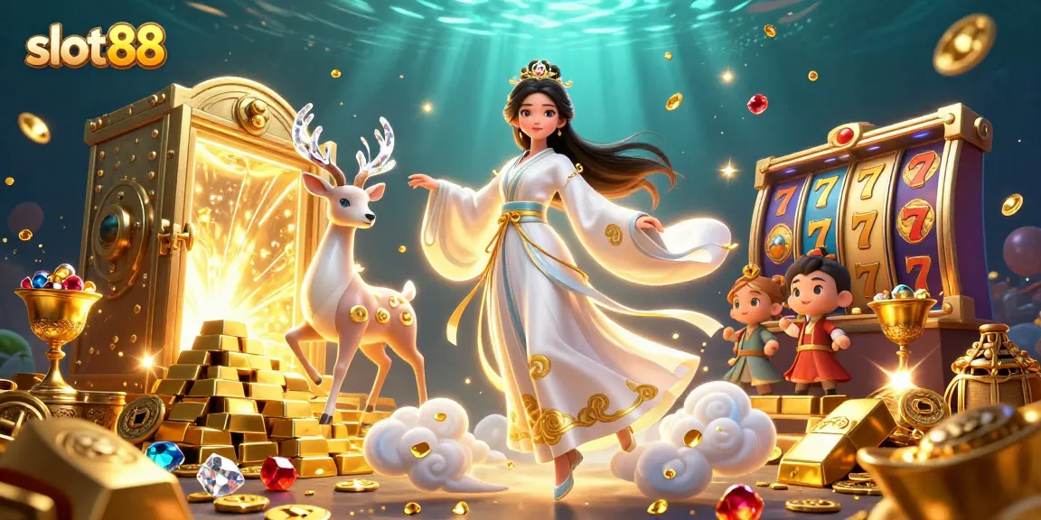 Spin and win with slot88 as a beautiful Asian woman in a modern hanfu celebrates amidst dazzling treasures and slot elements.