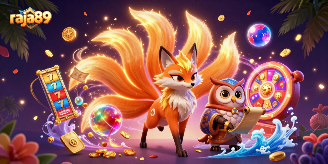 Spin to win at raja89 with vibrant slot reels, magical fox spirit, and dazzling prizes!