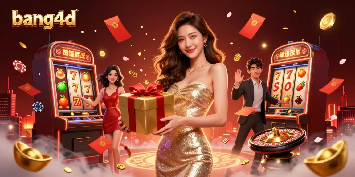 Experience excitement at bang4d with a stunning illustration featuring a glamorous lady amidst festive casino elements.
