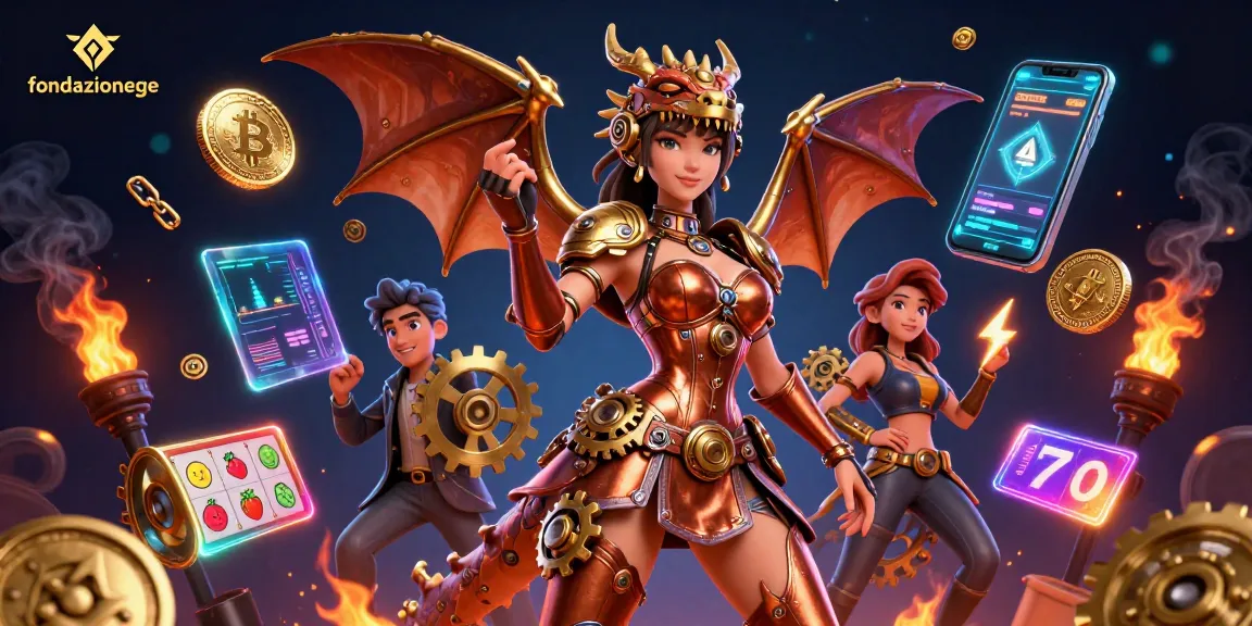 Engage with fondazionege in a vibrant 3D casino scene featuring a steampunk woman and a clockwork dragon.