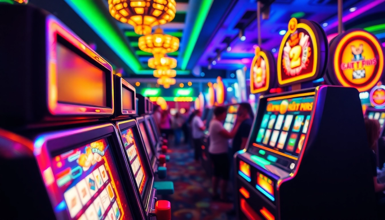Bermain slot di kasino yang ramai dan berwarna-warni dengan pemain yang antusias.