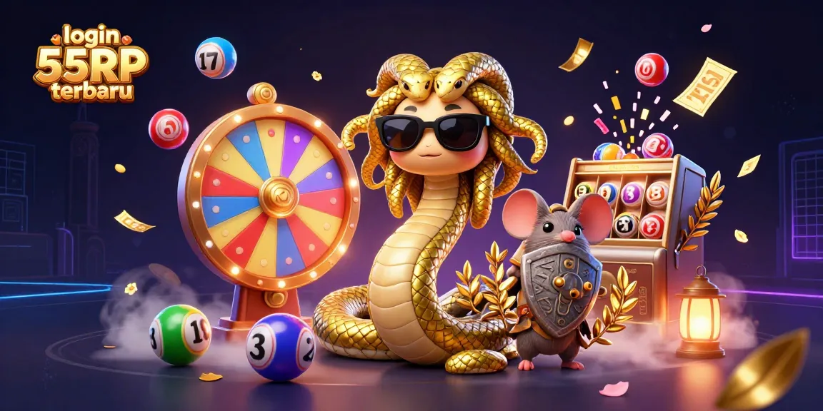 Experience the thrill of login 55RP terbaru with a vibrant casino-inspired 3D illustration.