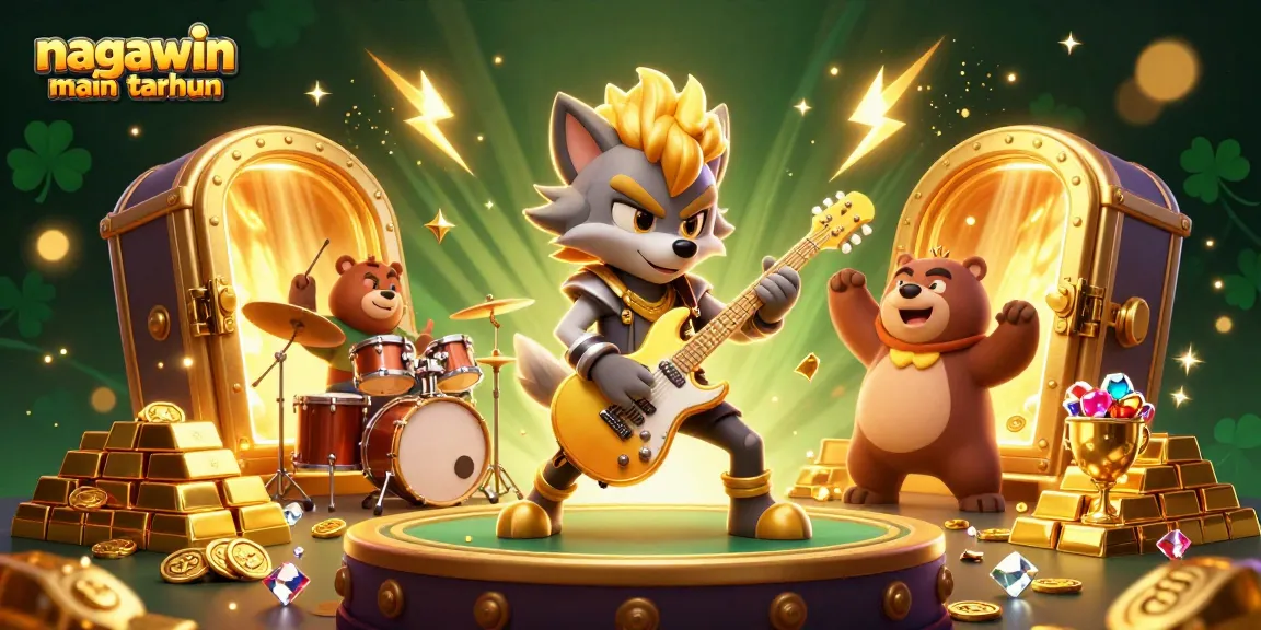 Experience thrill with nagawin main taruhan as a rock star wolf entertains on stage with casino treasures.
