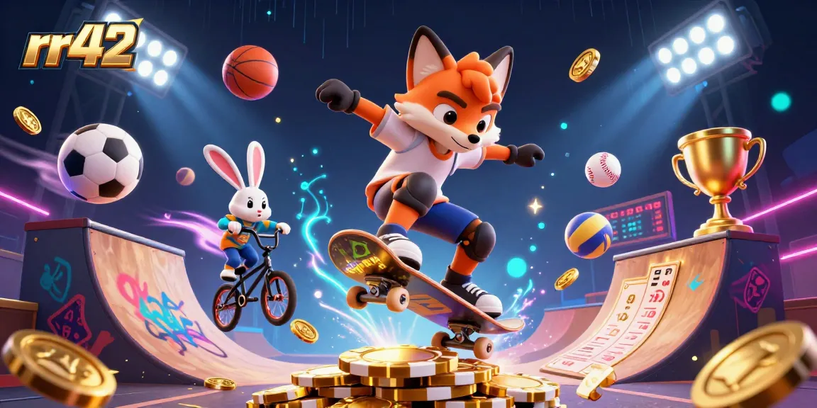 Experience the excitement of rr42 with a dynamic scene featuring a skateboarder fox and BMX rabbit in a vibrant casino setting.