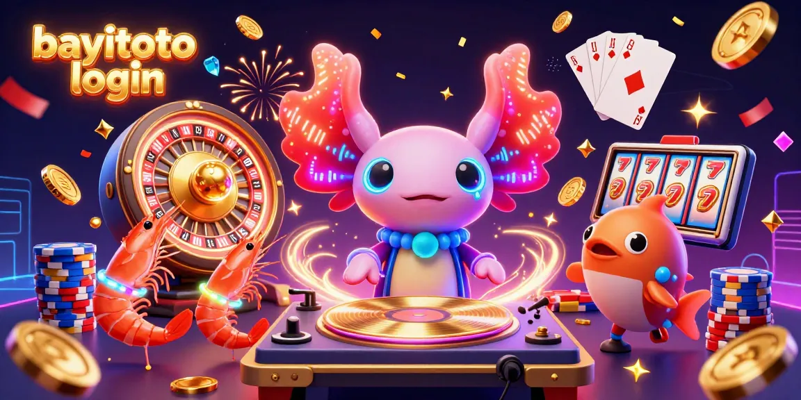 BAYITOTO login scene with vibrant axolotl DJ, golden coins, and casino elements illuminating the excitement.