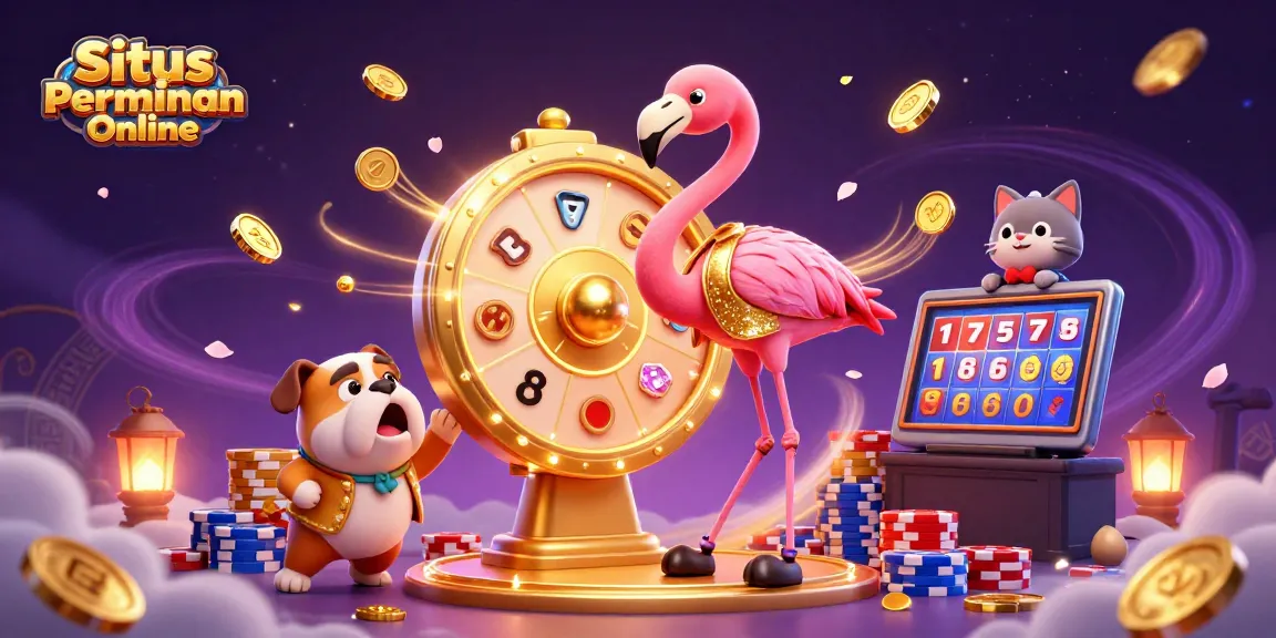 Situs Permainan Online offers a vibrant scene of a cartoon game show host with a prize wheel, engaging gameplay elements, and exciting characters.