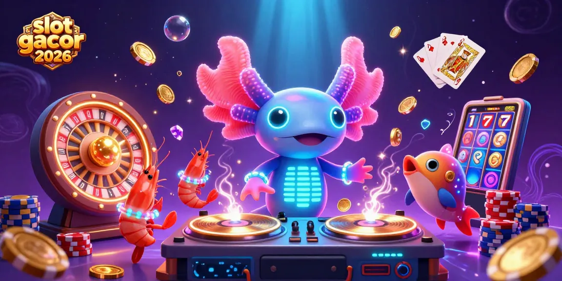 This vibrant scene showcases "slot gacor 2026" with a musical axolotl DJ and playful casino elements, including coins and cards.