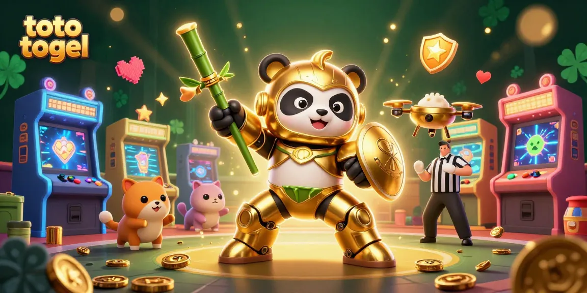 Experience the excitement of toto togel in a lively arcade with vibrant characters and gaming elements.