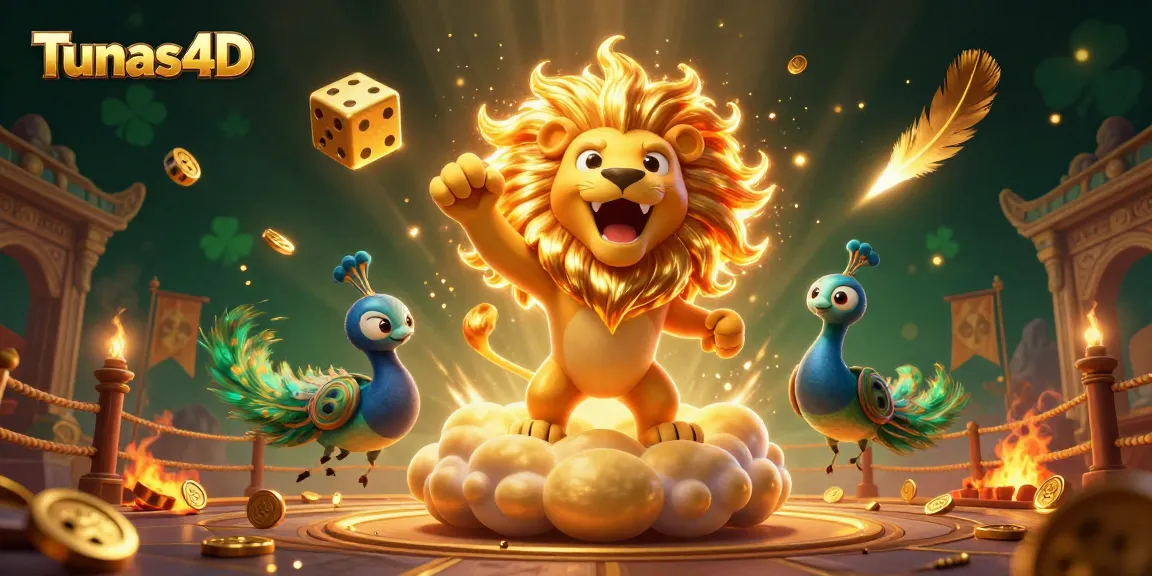 Tunas4D menampilkan berbagai elemen permainan togel online dengan keceriaan warna emas dan efek berapi.