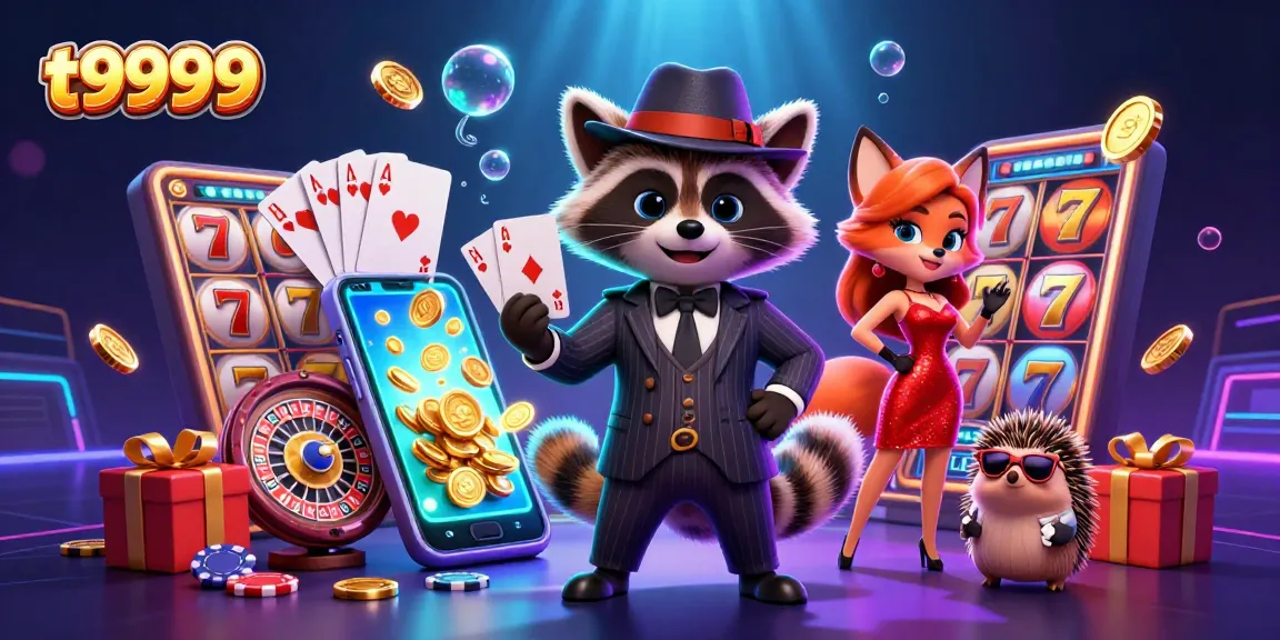 Slot permainan t9999 menampilkan rakun berjas dan kartu royal flush yang menawan.
