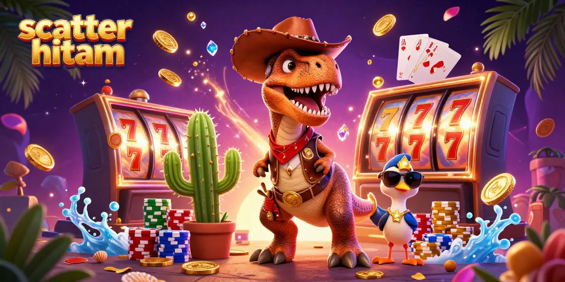 Experience scatter hitam excitement with vibrant slot reels, colorful poker chips, and cartoon dinosaur characters!