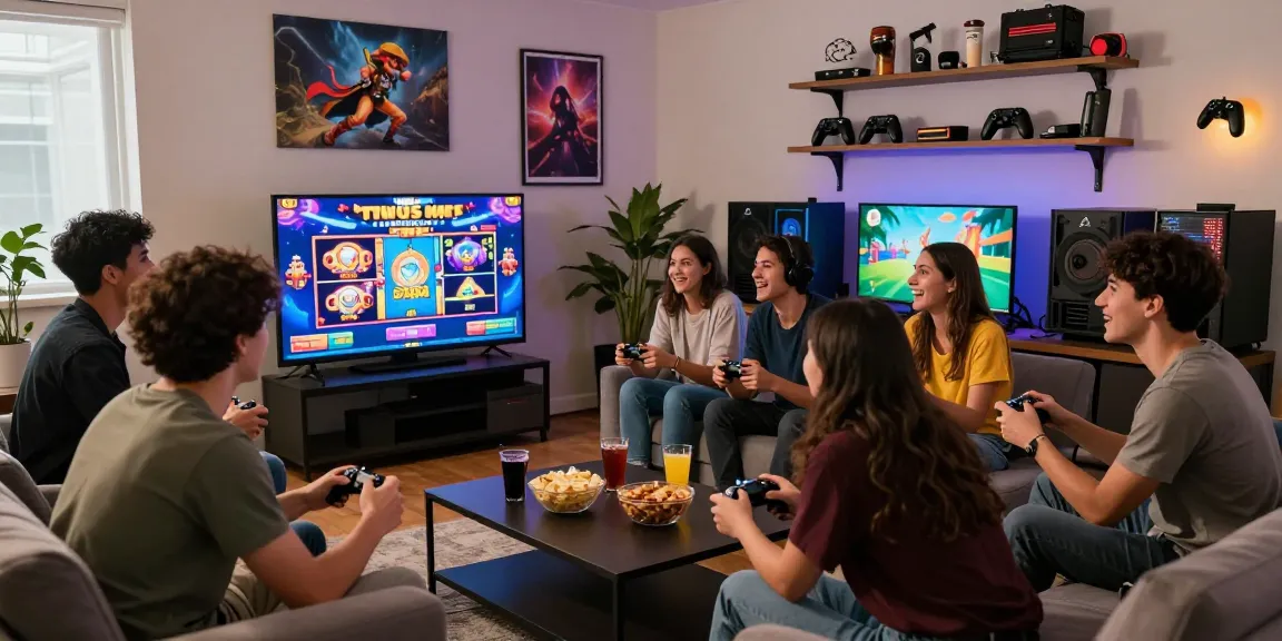 Diverse friends enjoying a colorful situs slot game in a lively gaming studio.