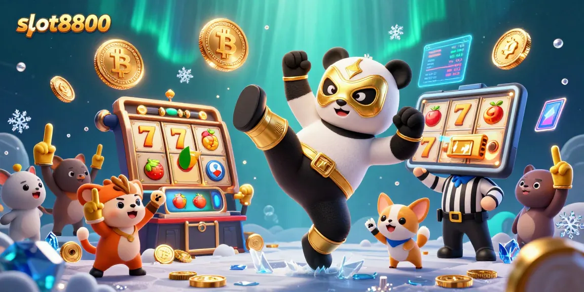 Slot8800 menampilkan panda pegulat aksi menegangkan di kasino dengan simbol slot seru