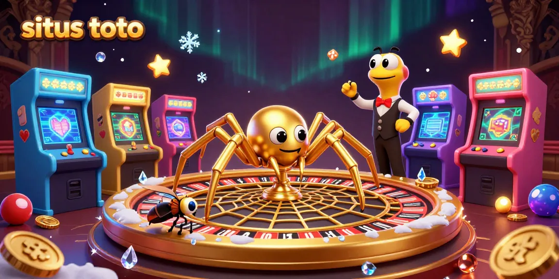 Engage in situs toto gaming with a golden spider roulette as the centerpiece surrounded by vibrant arcade games.