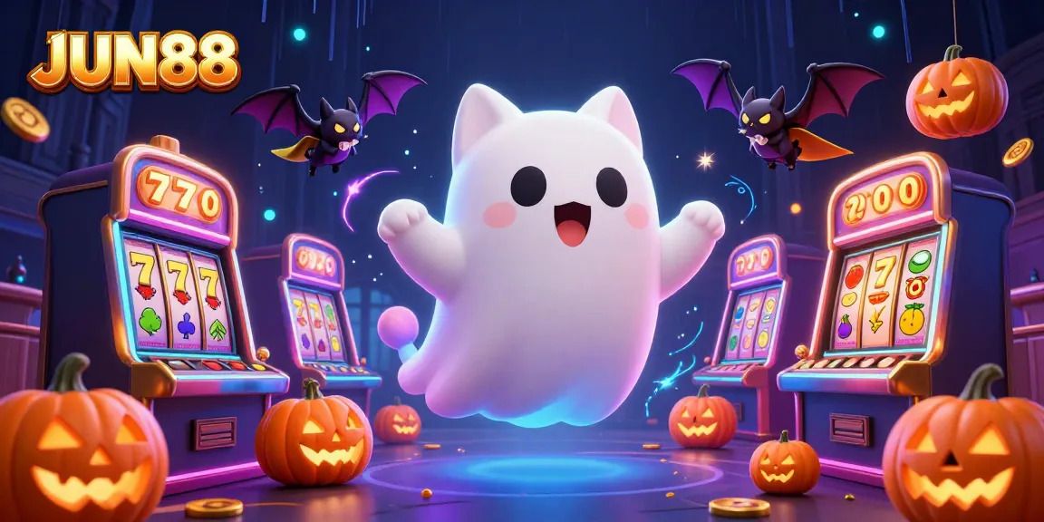 Engage with JUN88's thrilling casino experience featuring a ghost cat and vibrant slot symbols.