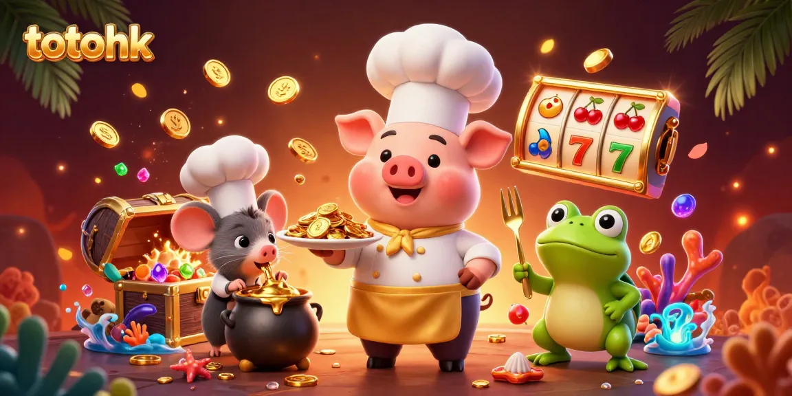 Menangkan dengan toto hk di ilustrasi kasino menarik, chef babi menghidangkan koin emas.