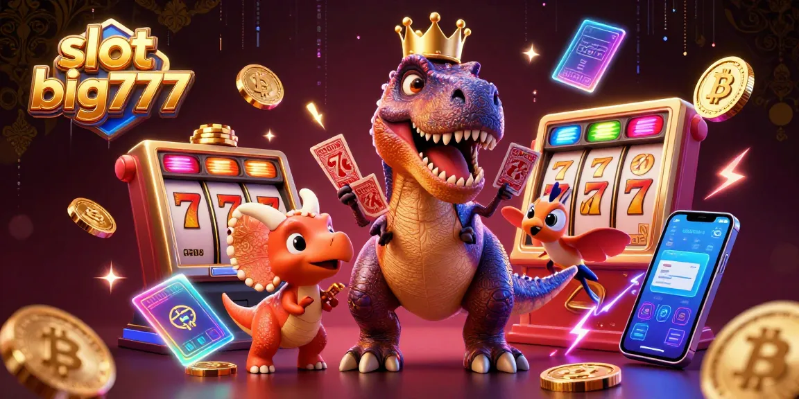 Engage with slot big777 in a dynamic 3D scene featuring a T-Rex and friends enjoying gambling excitement.