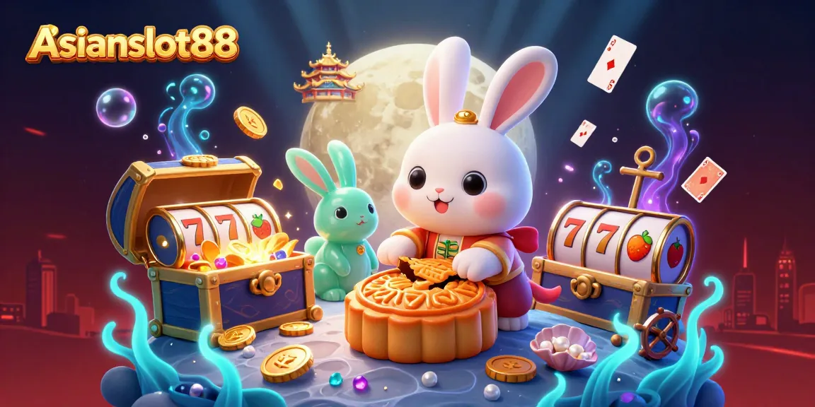 Experience heat with Asianslot88 as the moon rabbit reveals poker chips from golden mooncakes, rich jackpot scene.