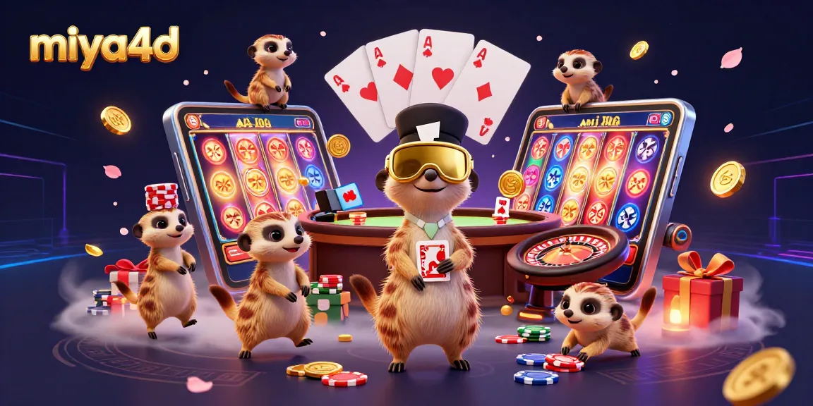 Miya4d casino meerkats orchestrating vibrant slot games with colorful chips and lively elements.