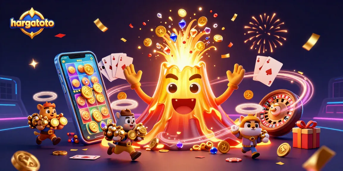 Engage in thrilling gameplay with hargatoto's vibrant casino illustration featuring a golden volcano and treasures.