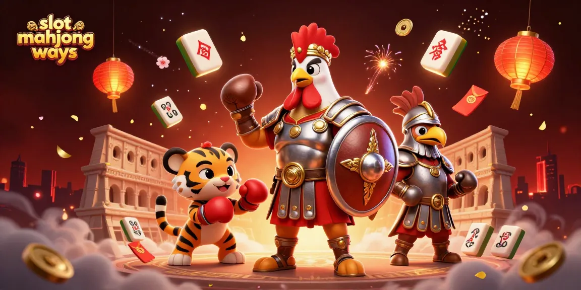 Engage in slot mahjong ways with a lively scene showcasing a rooster warrior and mahjong tiles.